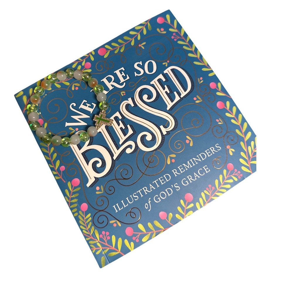 Inspirational Book - We Are So Blessed and Green Beaded Cross Bracelet Set
